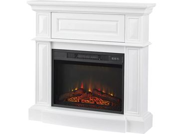 White electric fireplace with flames and logs.