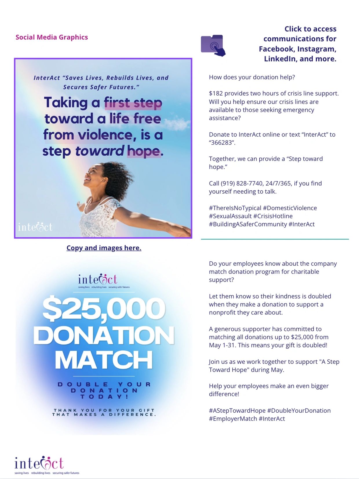 Two social media images and copy related to taking a first step toward hope and donation match 