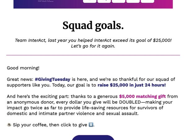 Email sharing $5,000 match for donations on Giving Tuesday.. Purple and pink gradient colorscape.