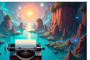 Illustration of a typewriter in a lake-like setting with mountains around. 