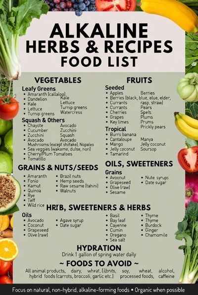 Alkaline herbs and recipes food list with vegetables, fruits, grains, nuts, oils, and herbs.