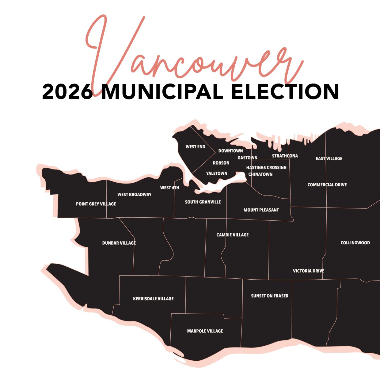 Map showing Vancouver neighborhoods for 2026 municipal election.