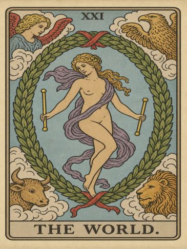 The World tarot card featuring a dancing woman inside a wreath.