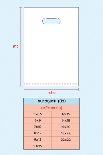 Diagram showing plastic bag dimensions and size chart in inches.