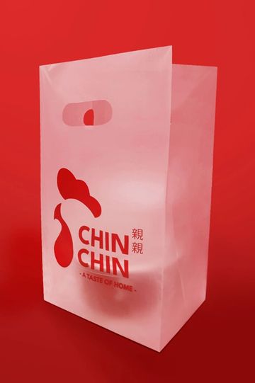 Pink Chin Chin branded plastic bag with a rooster logo.