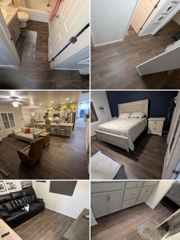 Modern home interiors with wood-look flooring throughout various rooms.