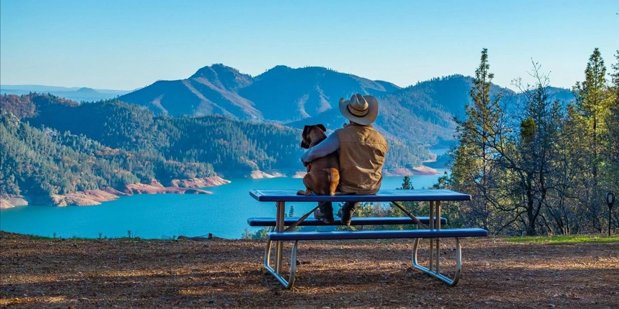 Person and dog sitting on a picnic table overlooking a lake and mountains.