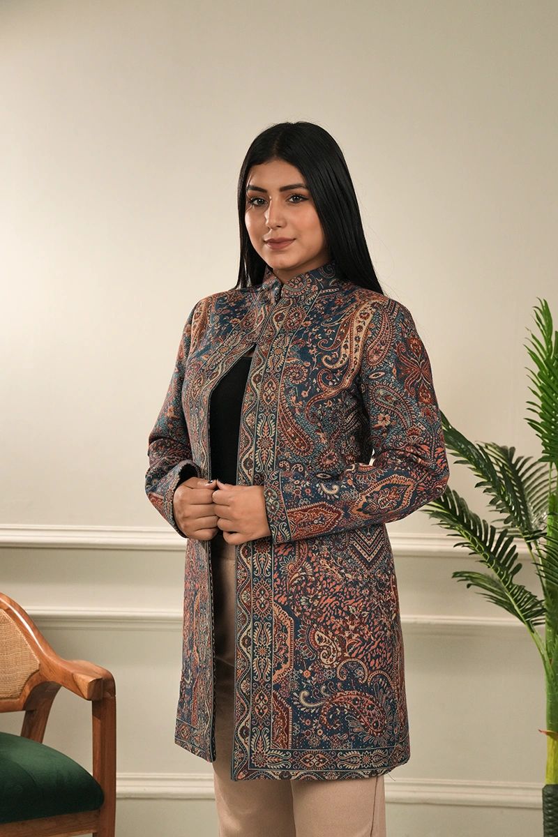 Women Blue Kashmiri Kani Design Coat Shrug