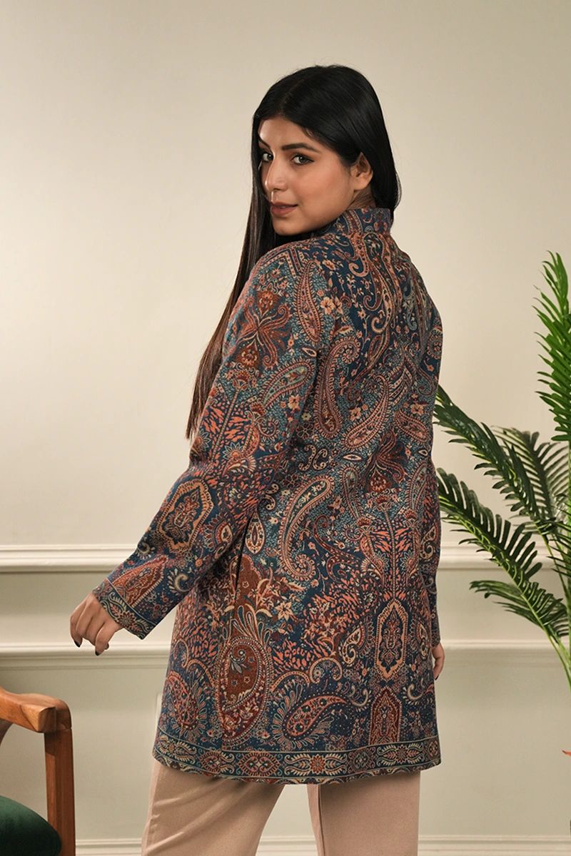 Women Blue Kashmiri Kani Design Coat Shrug view 3