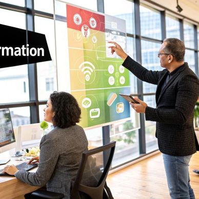 Man and woman collaborating on digital interface in modern office.