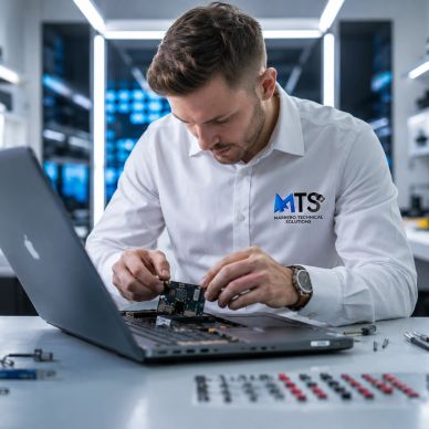 Technician repairing laptop hardware in a modern workspace.