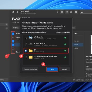 Data recovery dialog showing file recovery options on a flash drive.