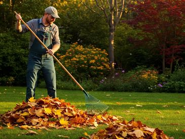 Man raking autumn leaves in a garden.