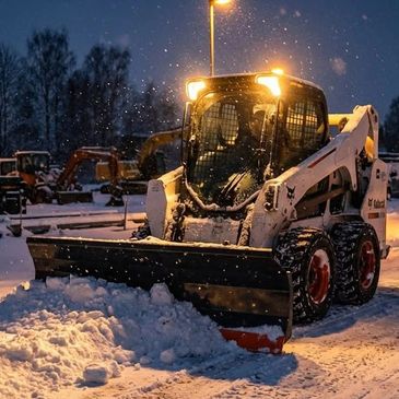 Snow plow clearing snow at night.