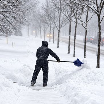 Person shoveling snow on a snowy sidewalk.