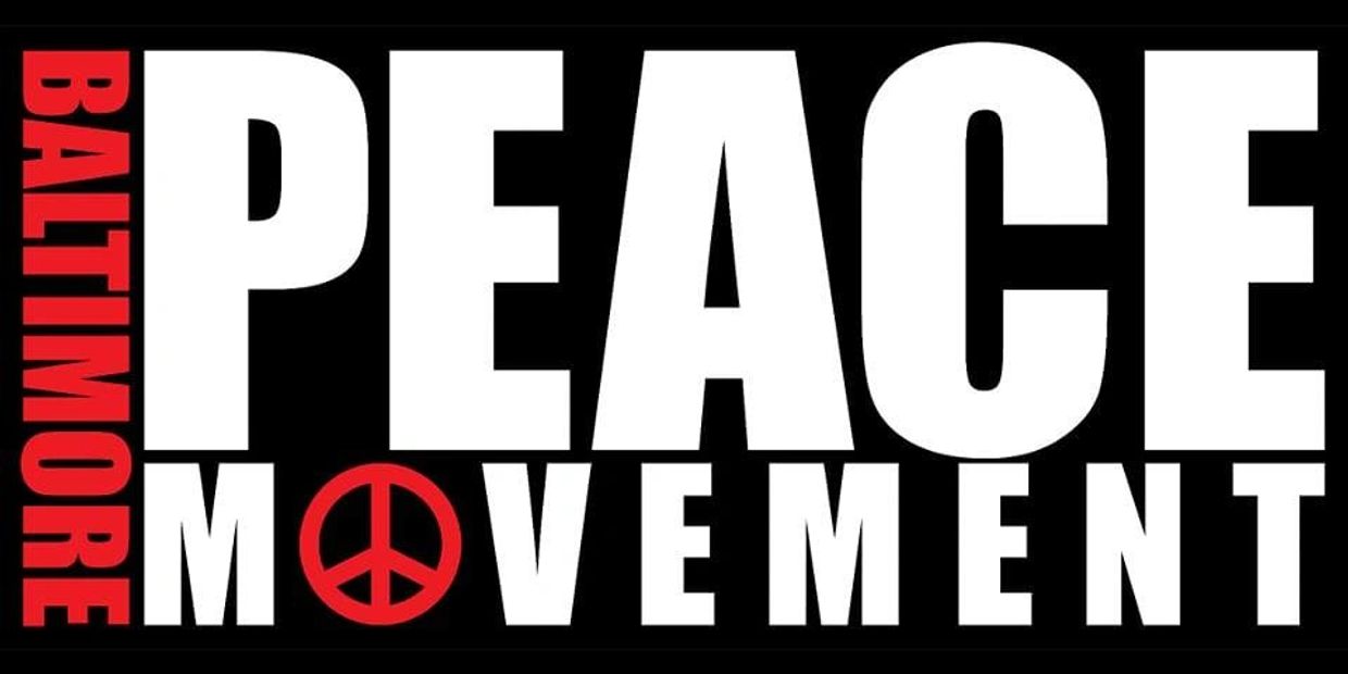 Baltimore Peace Movement logo with bold text and a red peace symbol.