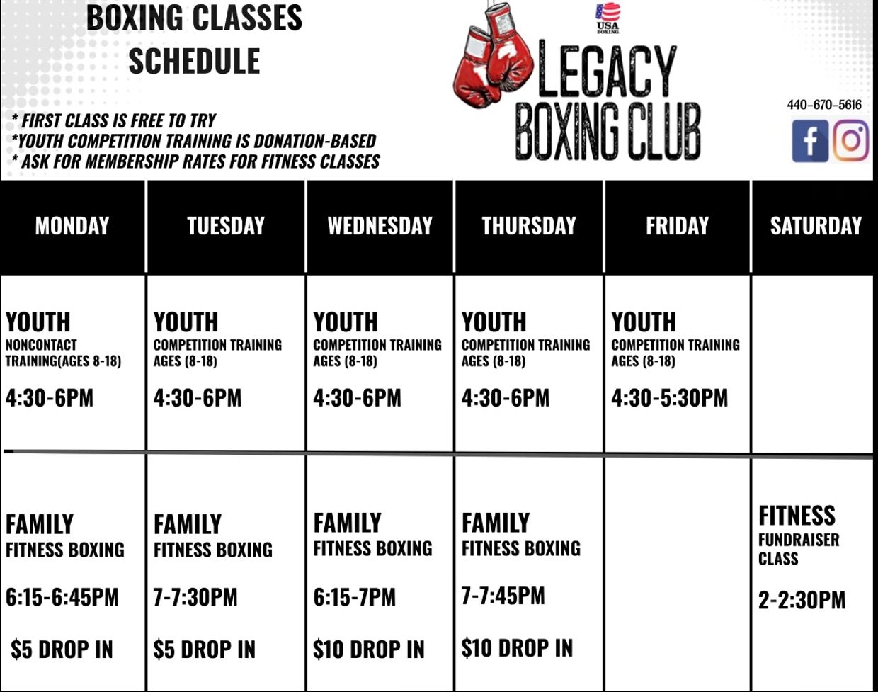 Legacy Youth Boxing Weekly Gym Schedule.