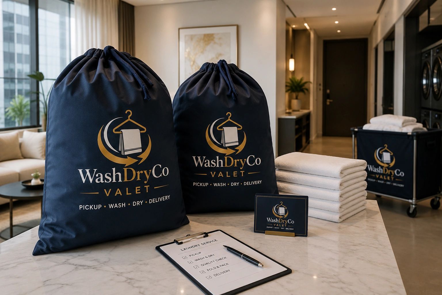 Laundry bags and service checklist for WashDryCo Valet in a modern lobby.