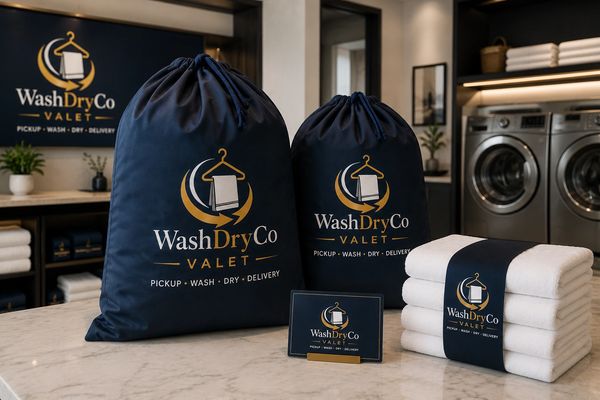 WashDryCo Valet laundry bags and towels in a modern laundry setting.