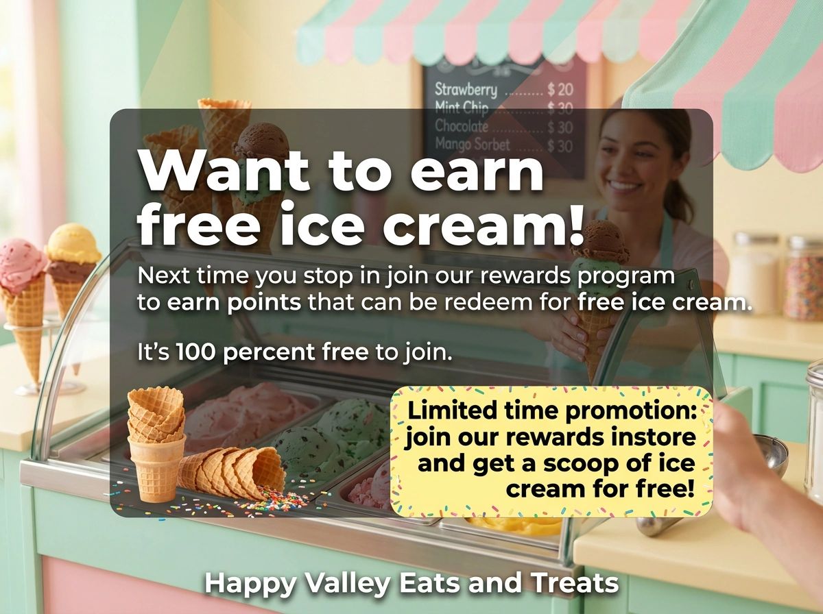 Earn free ice cream by joining the rewards program at Happy Valley Eats and Treats.