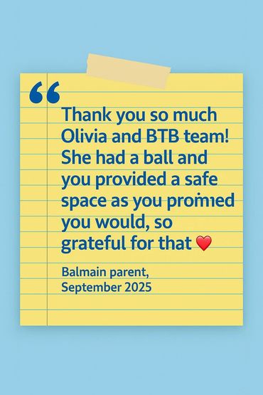 Thank you note appreciating Olivia and BTB team for providing a safe space.