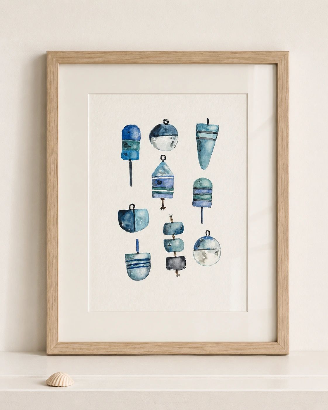 Framed watercolor painting of blue buoys.