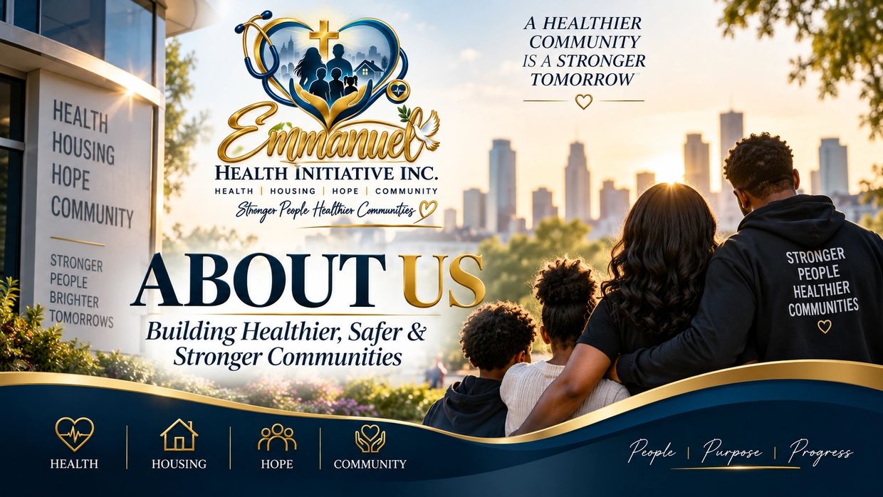 Family overlooks a city with Emmanuel Health Initiative logo and community-focused messages.