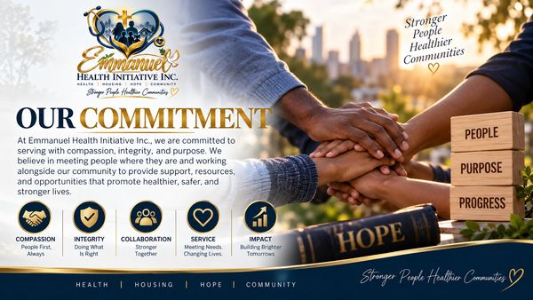 Commitment to compassion, integrity, collaboration, service, and impact by Emmanuel Health Initiative.