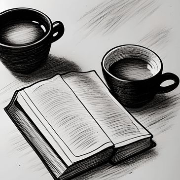 Black and white sketch of an open book with two coffee cups.
