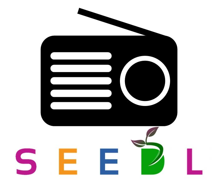 Black radio icon above colorful SEEDL text with a leaf.