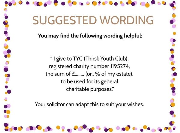 Suggested wording for donating to Thirsk Youth Club charity.