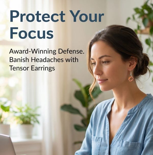 Woman wearing tensor earrings to banish headaches.