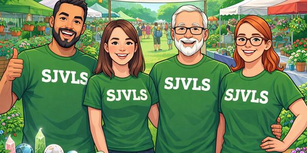 Four people in green SJVLS shirts smiling at a garden event.