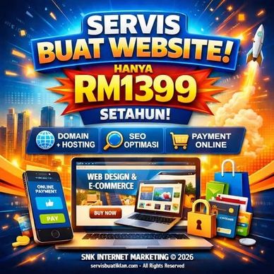 Promotional ad for website creation services at RM1399 per year with online payment and SEO.