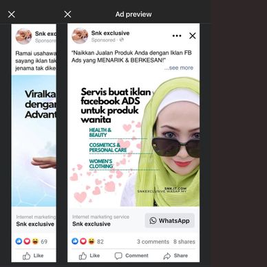 Facebook ad service for women's products by Snk exclusive.