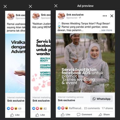 Screenshots showing Facebook ads promoting wedding and event marketing services.