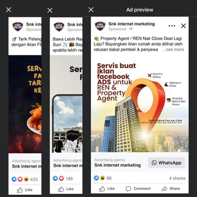 A collage of Facebook ads by Snk Internet Marketing promoting property and food services.