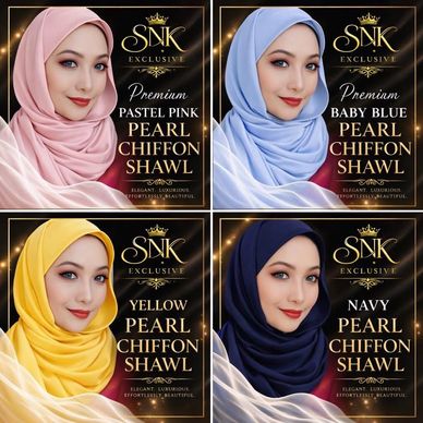 Four women showcasing premium pearl chiffon shawls in pastel pink, baby blue, yellow, and navy.