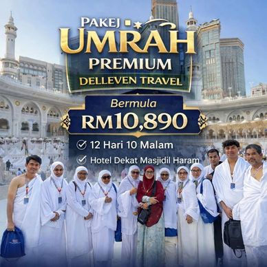 Group of pilgrims in Ihram clothes promoting premium Umrah travel package.