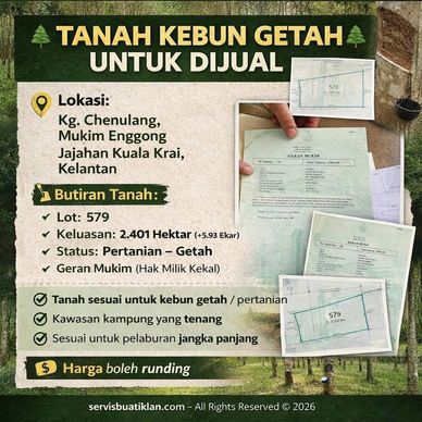 Tanah kebun getah dijual di Kg. Chenulang, Kelantan, sesuai untuk pertanian getah.