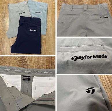 Various TaylorMade golf pants in different colors with close-up logo details.