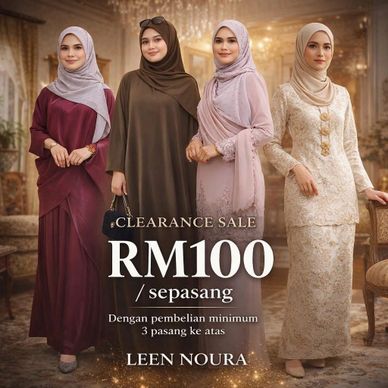 Four women in elegant traditional dresses promoting a clearance sale at RM100 per pair.