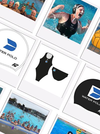 Collage showcasing water polo team, gear, and action shots in a pool.