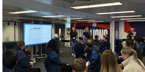 Team training session with presentation on language.