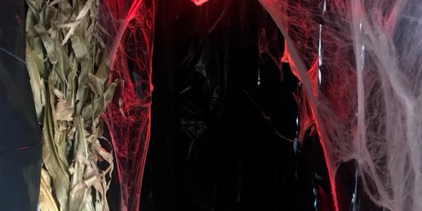 Spooky dark hallway decorated with cobwebs and red lights.