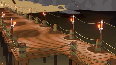 Wooden pier with lit torches at night over dark water.