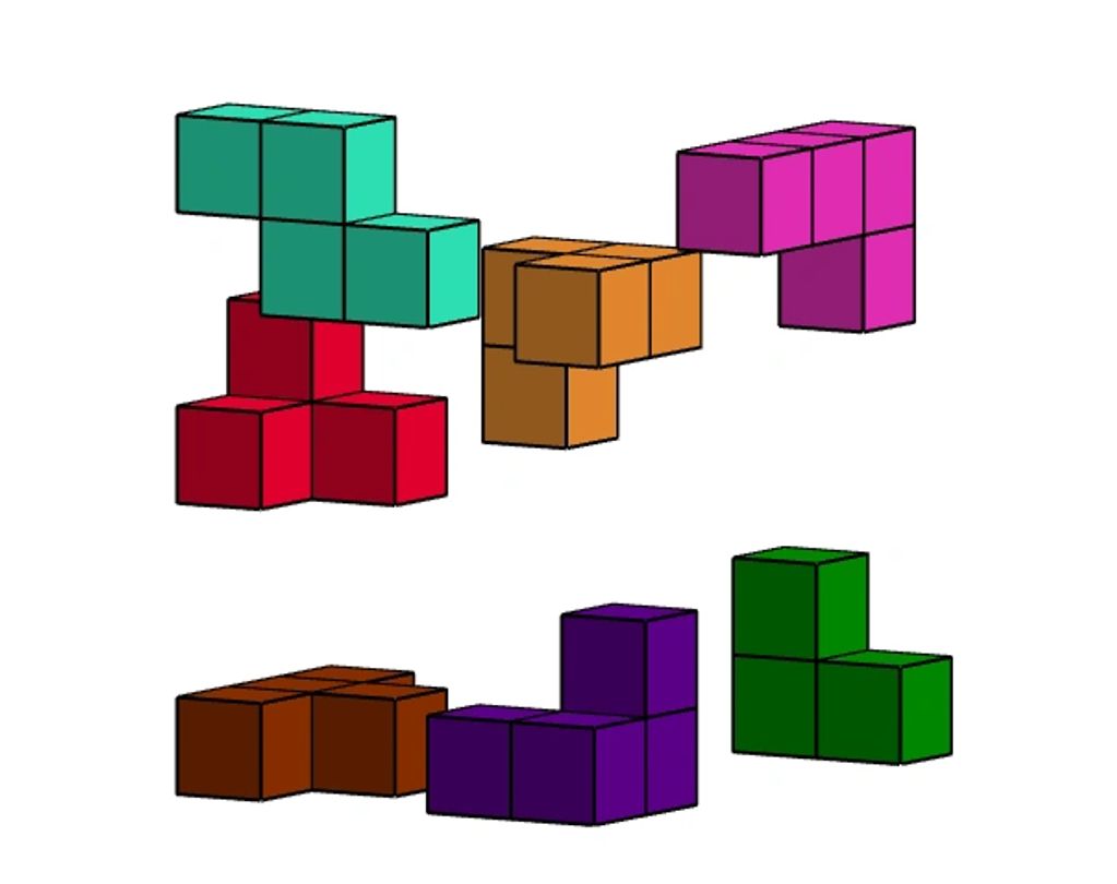 Various colorful Tetris-like shapes made of cubes arranged in two rows.