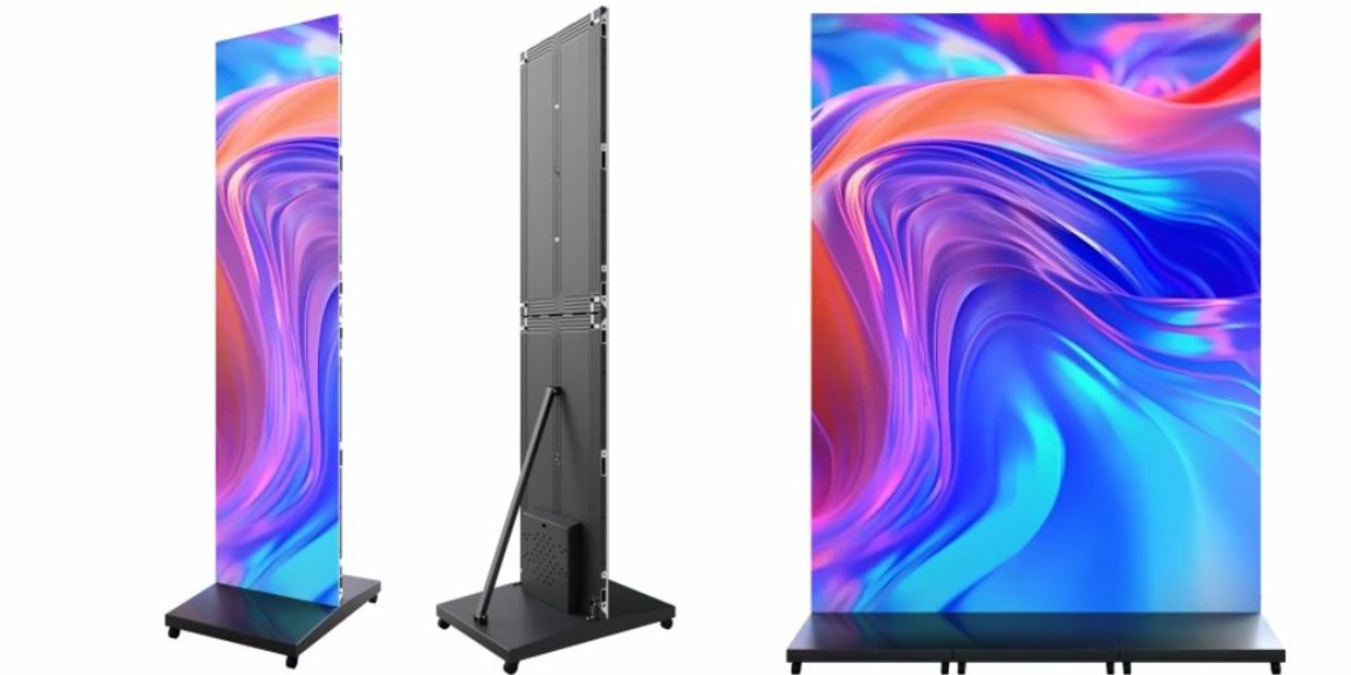 Tall, slim digital display screens with vibrant, colorful abstract backgrounds.