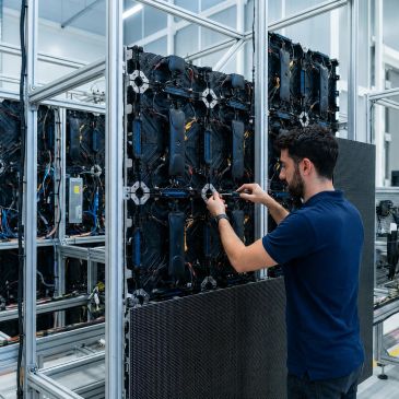 Technician assembling or repairing LED display panels in a high-tech environment.