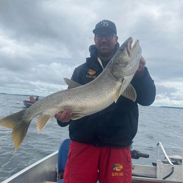 Catching Lake Trout bottom bouncing rubber jigat Cree Lake and staying at Crystal Lodge